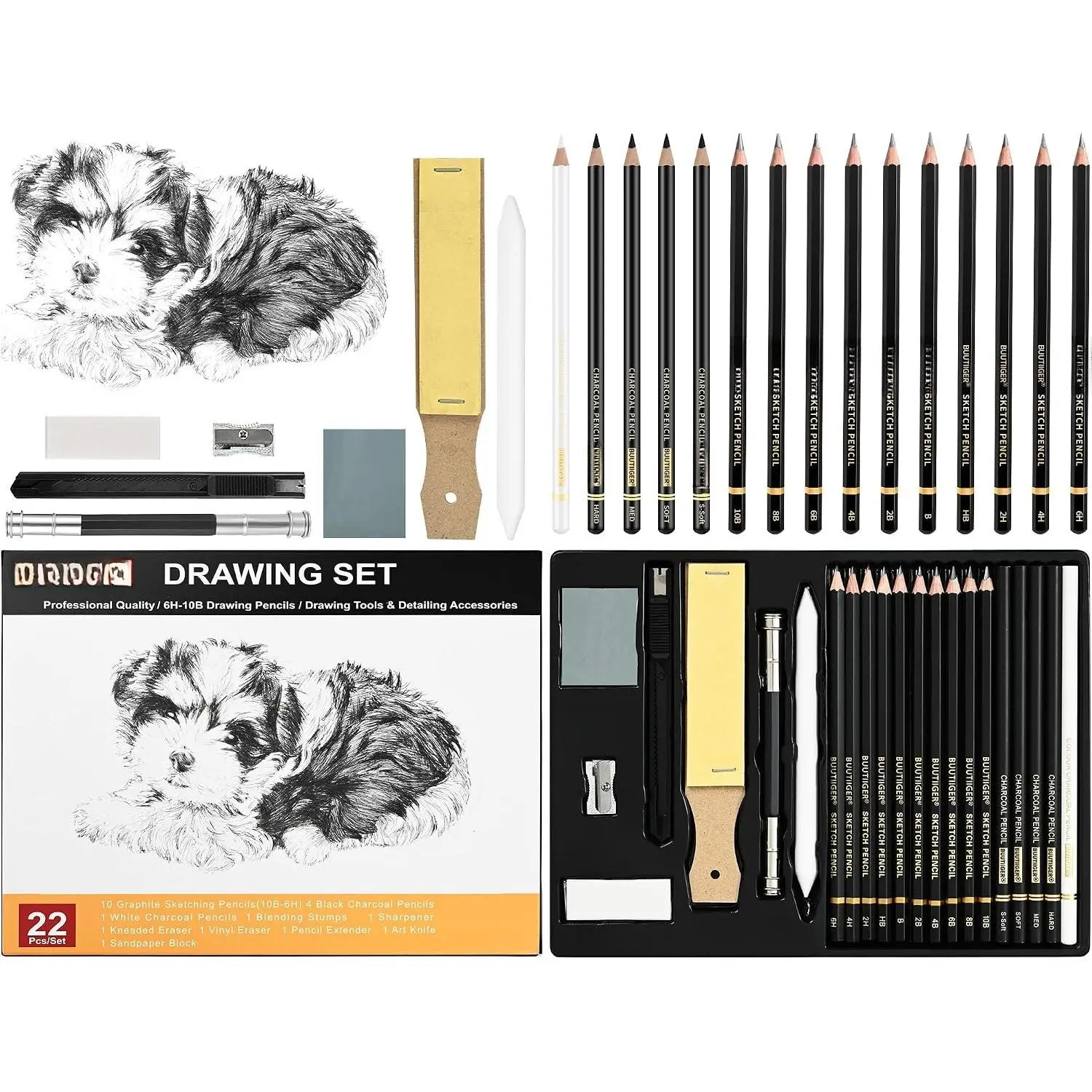 Drawing Sketching Pencil Set, 22 count, Graphite Pencils (10B-6H) | Art Pencil Kit with  Charcoal Pencils, Charcoal Sticks, Stumps, Eraser, Sharpeners, Sketch Set for Artists