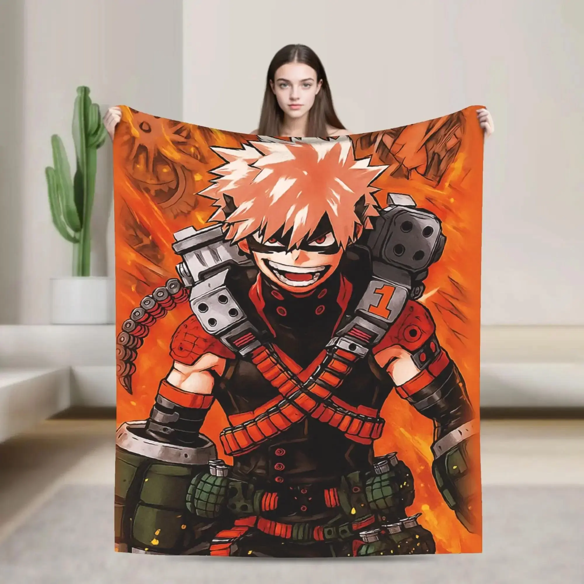Bakugo Katsuki Hero Anime Polyester Flannel Throw Blanket, Flame Design, Soft Cozy Camping Sleeping Gear Gift