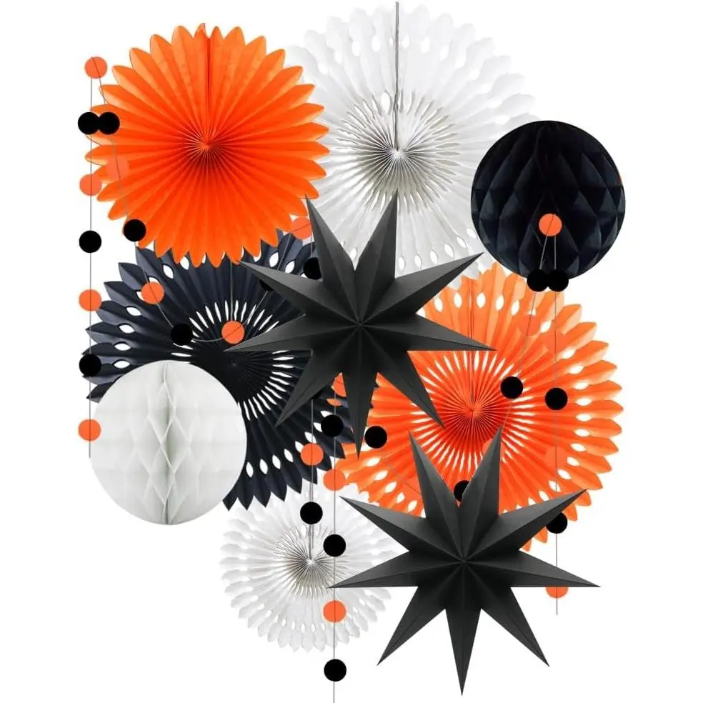 Orange, White & Black Vintage Halloween Party Decorations Kit with Tissue Fans, Star Paper Lanterns, Honeycomb Balls & Circle Garland for Graduation, Birthday, Baby Shower & Wedding BackdropsGift