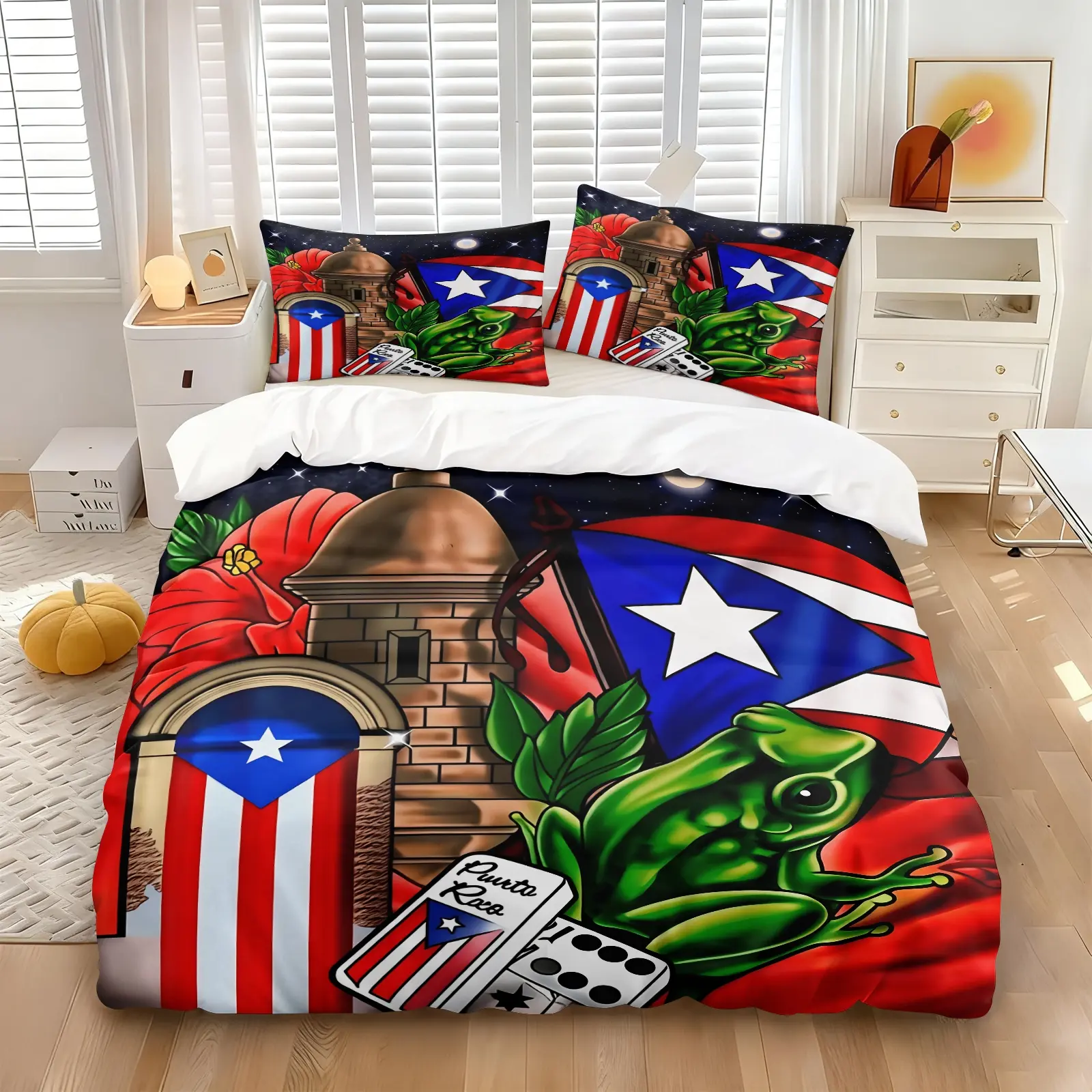 Puerto Rico Culture Themed Print Duvet Cover Set, Includes 1 or 2 Pillowcases, Retro American Style, Printed With Flag, Coqui Frog, Castle & Native Flowers, Fade-Resistant Washable Soft Fabric, Perfect For Bedroom Decor & Boricua Home