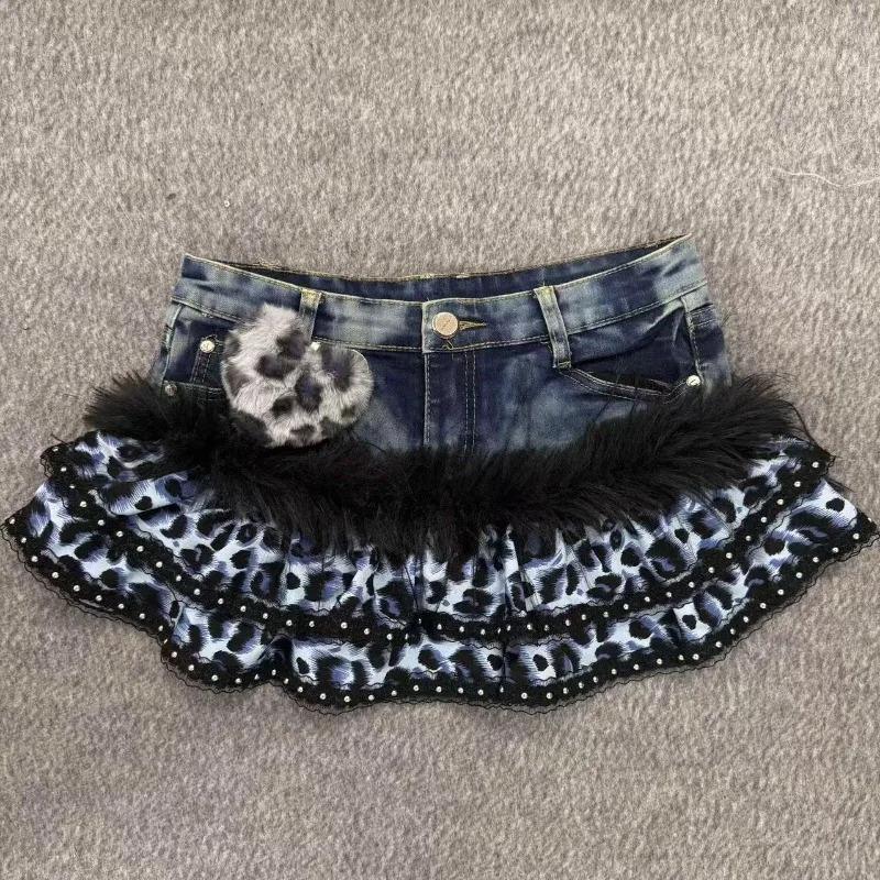 Y2K Gothic Grunge Denim Skirts Women Subculture Retro Punk Print Mini Skirt Vintage Streetwear Fashion Faux Fur Patchwork Skirt