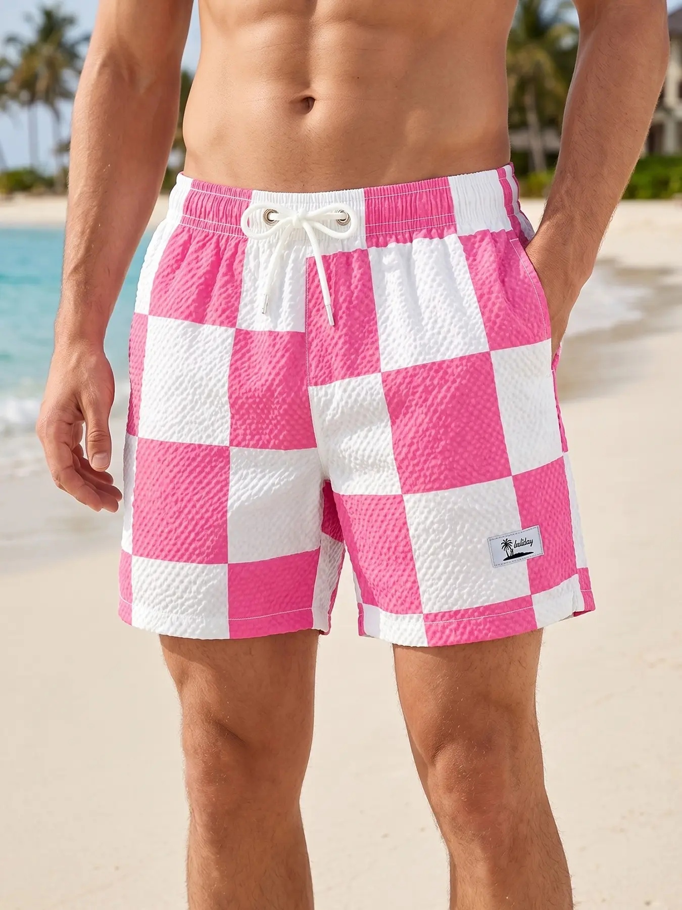 Men's Checkered Print Seersucker Beach Shorts, Swimming Shorts with Triangular Mesh Lining, Summer Casual Board Shorts with 2 Side Pockets and 1 Back Pocket, Quick Dry Swim Shorts Swim Trunks Drawstring Elastic Waistband
