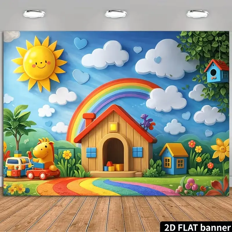2D Flat Banner 1pc, Cartoon Rainbow House Background Cloth, Durable Polyester, Indoor Outdoor Decor, Home Studio Photography Setup