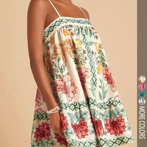 【Black Friday】Women's Casual Vacation Beach Summer Floral Print Spaghetti Strap Boho Sundress, Bohemian Style Dress, Flowy Summer Dress