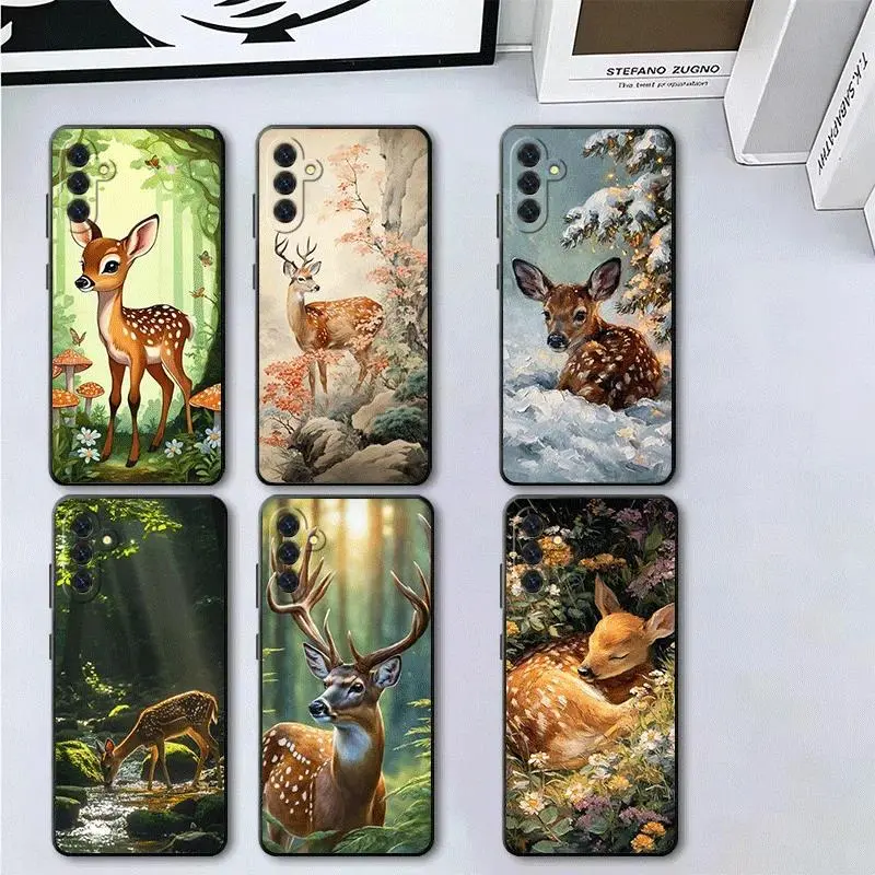 Sika Deer Elk Animal Soft Phone Case For iPhone 11-17 Pro Max/Plus & Samsung Galaxy S23-S25 Black Cover