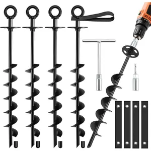 Ground Anchors Screw in - Heavy Duty Trampoline Anchors/Stakes for High Wind, 4 Pack Earth Anchor Kit with Straps and Wrenches for Swing Set, Trampolines, Shed, Mobile , Carport, Gazebo