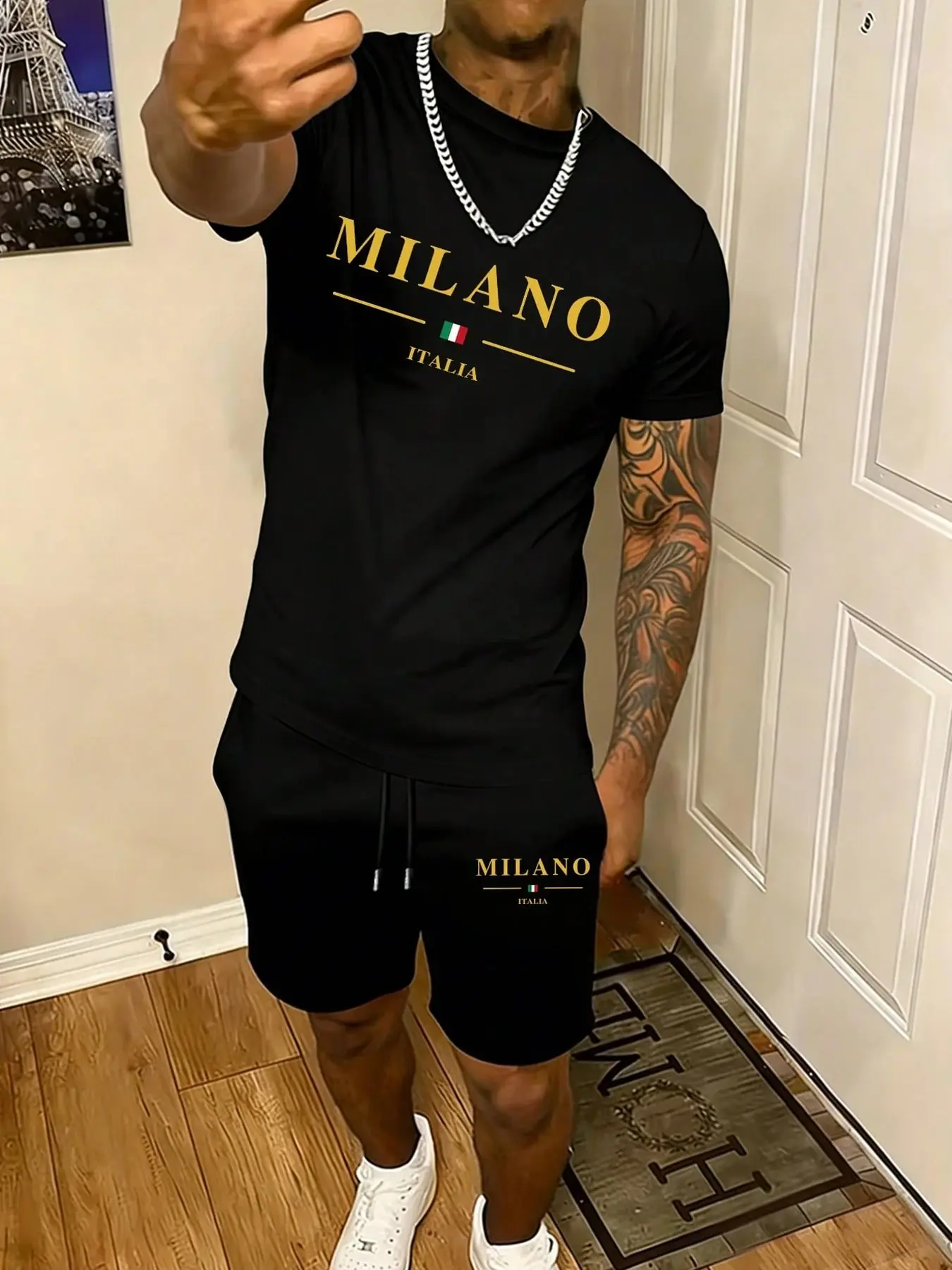 Men's Summer 2-Piece Milano Italia Print T-Shirt & Sports Shorts Set, Streetwear for Vacation & Casual Daily Wear