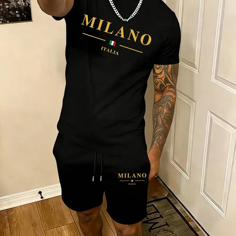Men's Summer 2-Piece Milano Italia Graphic Print T-Shirt & Sports Shorts Set, Menswear Streetwear for Vacation & Casual Daily Wear, Matching Outfits Set