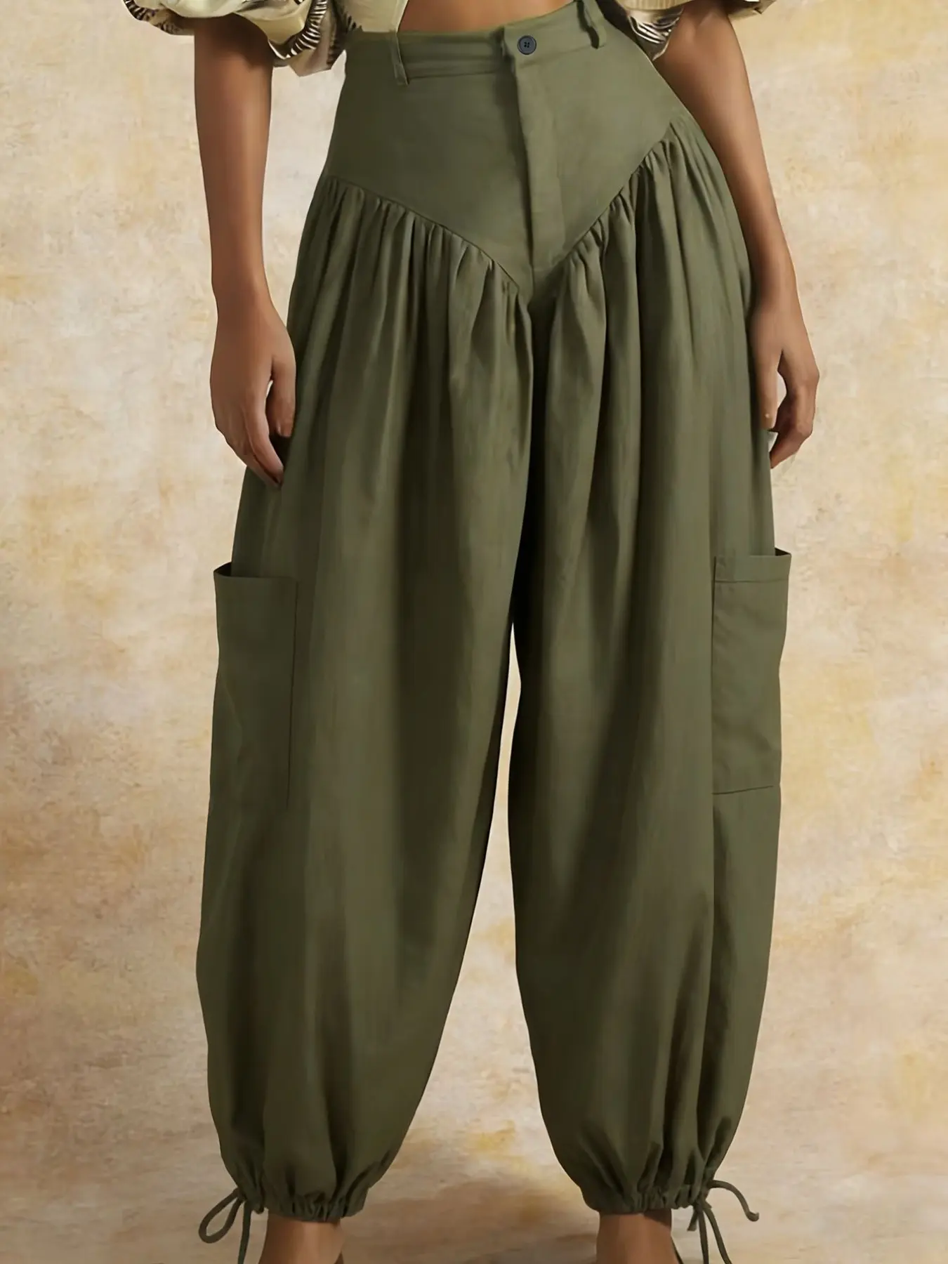 Women's High Waist Casual Ruched Cuffed Pants, Loose Fit Lantern Pants with Practical Large Pockets, Harlan Pants, Workwear Pants