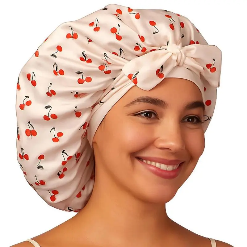 1PC White Cherry Print Bow Satin Hair Bonnet Silk Like Smooth Anti Frizz Moisture Lock Sleep Hair Wrap For Daily Home Skincare Night Use Perfect Small Holiday Gift For Young Ladies Hair Care Beginners