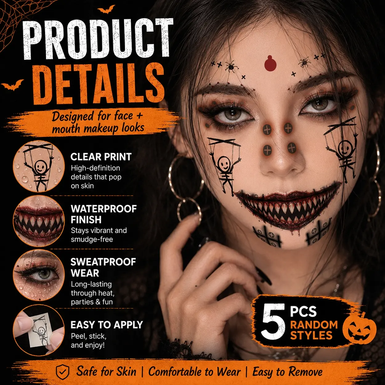 5pcs Halloween Face and Mouth Temporary Tattoo Stickers, Waterproof Sweatproof Makeup Decals with Stitches Scar Effects, Creepy Teeth Designs and Glitter Face Patterns for Adults, Cosplay, Masquerade, Costume Party, Festival and Photo Props