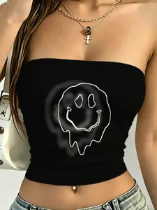Women's Dark Style Melting Smile Print Tube Top, Sexy Sleeveless Crop Top, Casual Streetwear, Summer Fashion, Easy Care