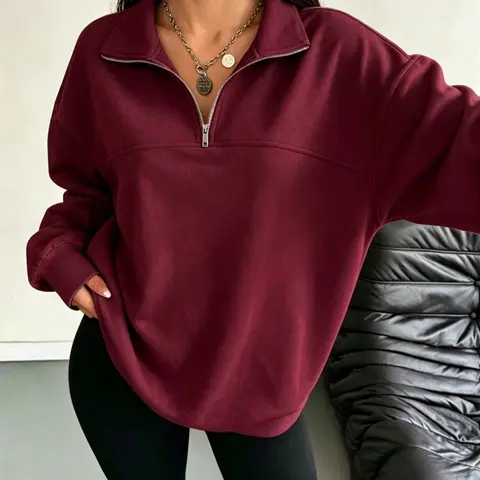 Basic Plain Loose Fit Half-Zip Sweatshirt, Soft Long-Sleeve Casual Pullover, Fall & Winter Home Wear, Comfortable and Stylish, Pullover Sweatshirts