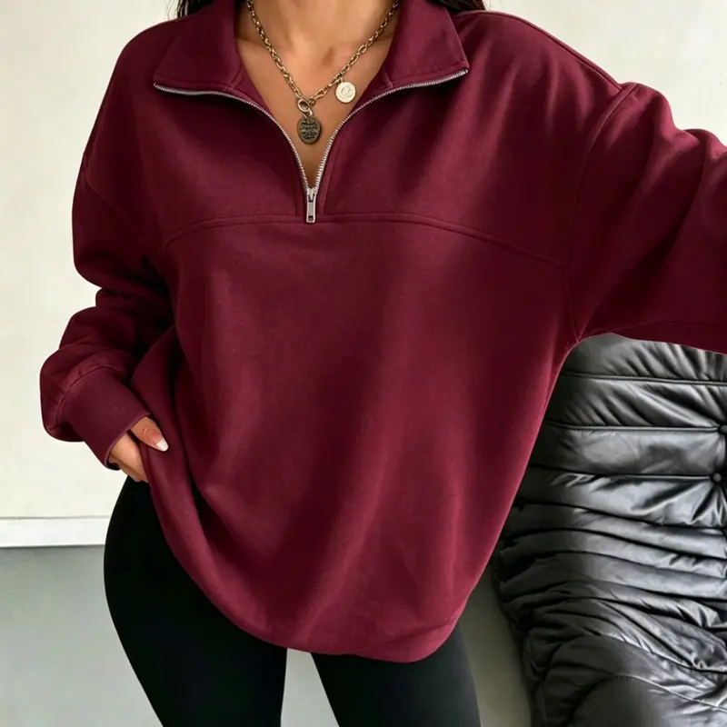 Basic Plain Loose Fit Half-Zip Sweatshirt, Soft Long-Sleeve Casual Pullover, Fall & Winter Home Wear, Comfortable and Stylish, Pullover Sweatshirts