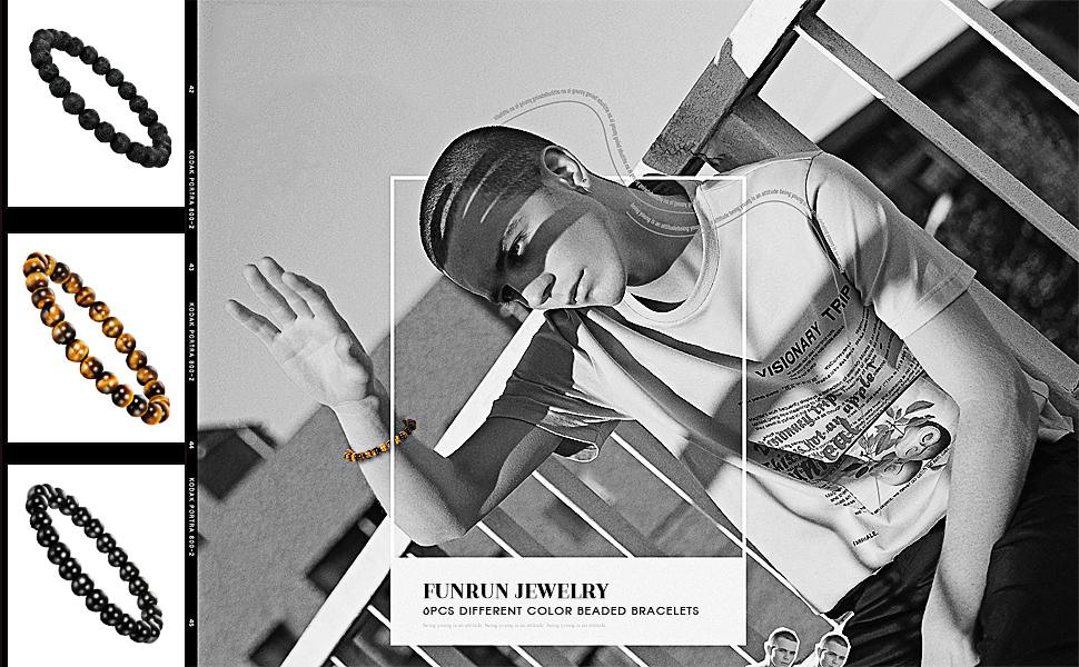 FUNRUN  6PCS Bead Bracelets for Men Women Natural Stone Mala Bracelet Baseball Bracelets Magnet