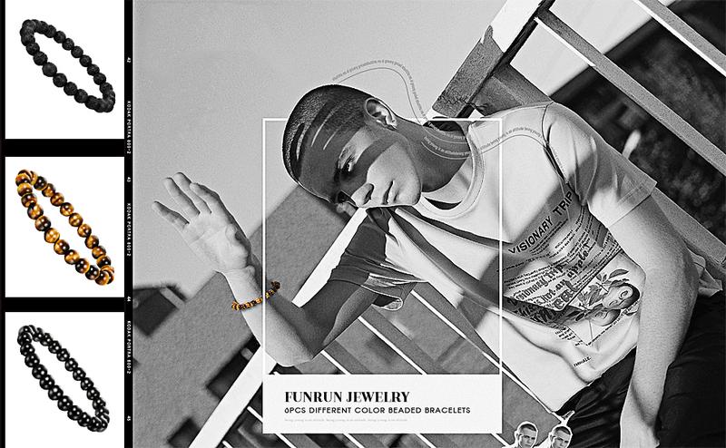 FUNRUN  6PCS Bead Bracelets for Men Women Natural Stone Mala Bracelet Baseball Bracelets Magnet