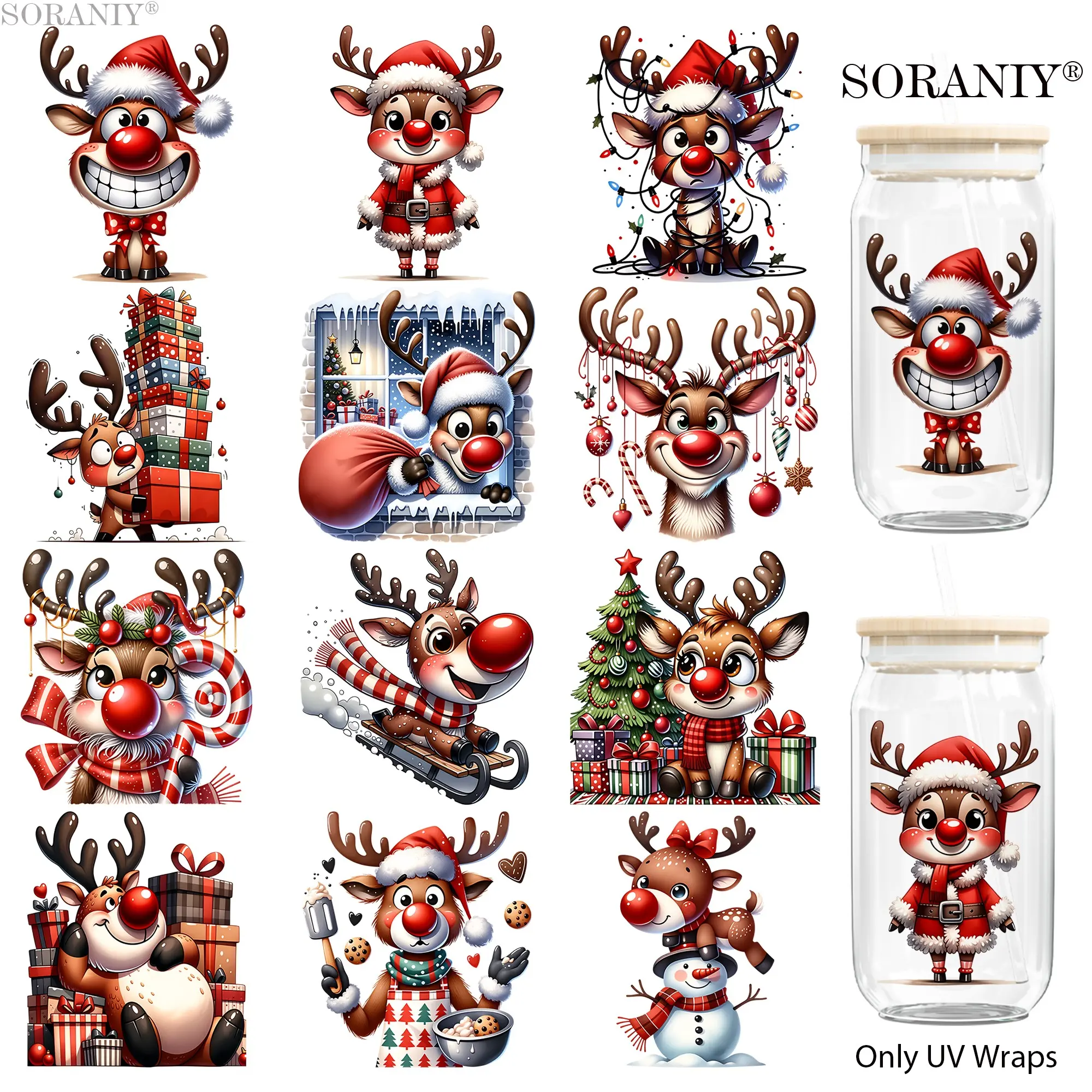 UV DTF Water Cup Sticker Set, 12 Pieces Reindeer Christmas Hat Theme, Waterproof, High Adhesive, DIY Decor for Cups Bottles Furniture Frames Gifts