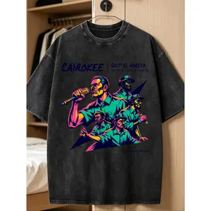Vibrant Neon Cairokee Egyptian Rock Band Graphic Sout El Horeya Text Egyptian Music Fans Classic Street Casual Unisex Men Women Vintage Washed Oversized Black Tee Music Events Casual Outings Gatherings Daily Wear Trips Street Style Fa