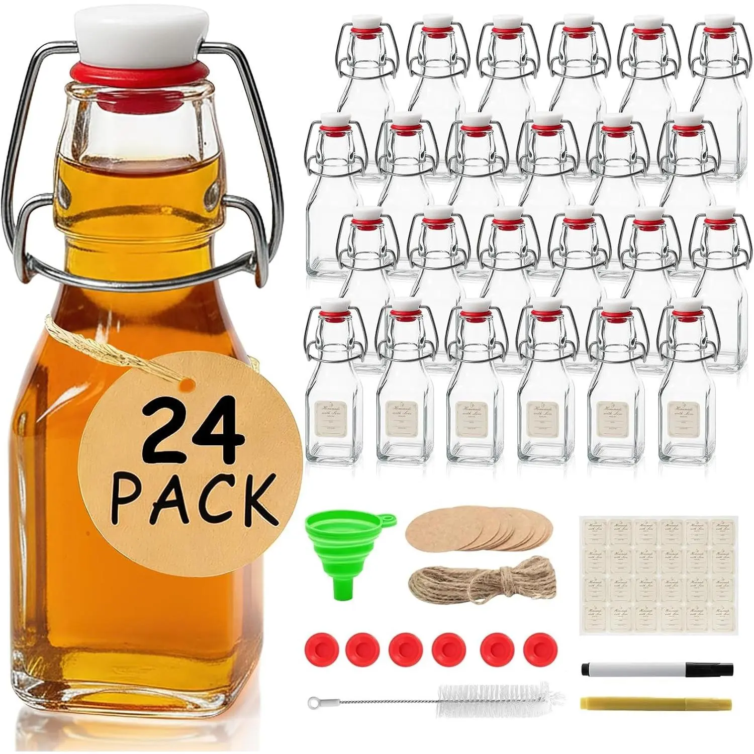 Square Swing Top Glass Bottles with Lids Kombucha Coquito Flip Top Glass Bottle for Syrup Vanilla Extract Brew Beer Kefir Air Tight Bottles for Gift (4 oz 24 pack)