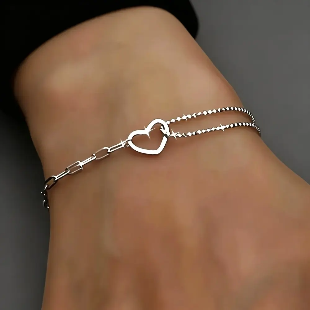 Open Heart Link Bracelet for Women, Dainty Thin Chain Heart Bracelet, Minimalist Hollow Heart Wrist Jewelry