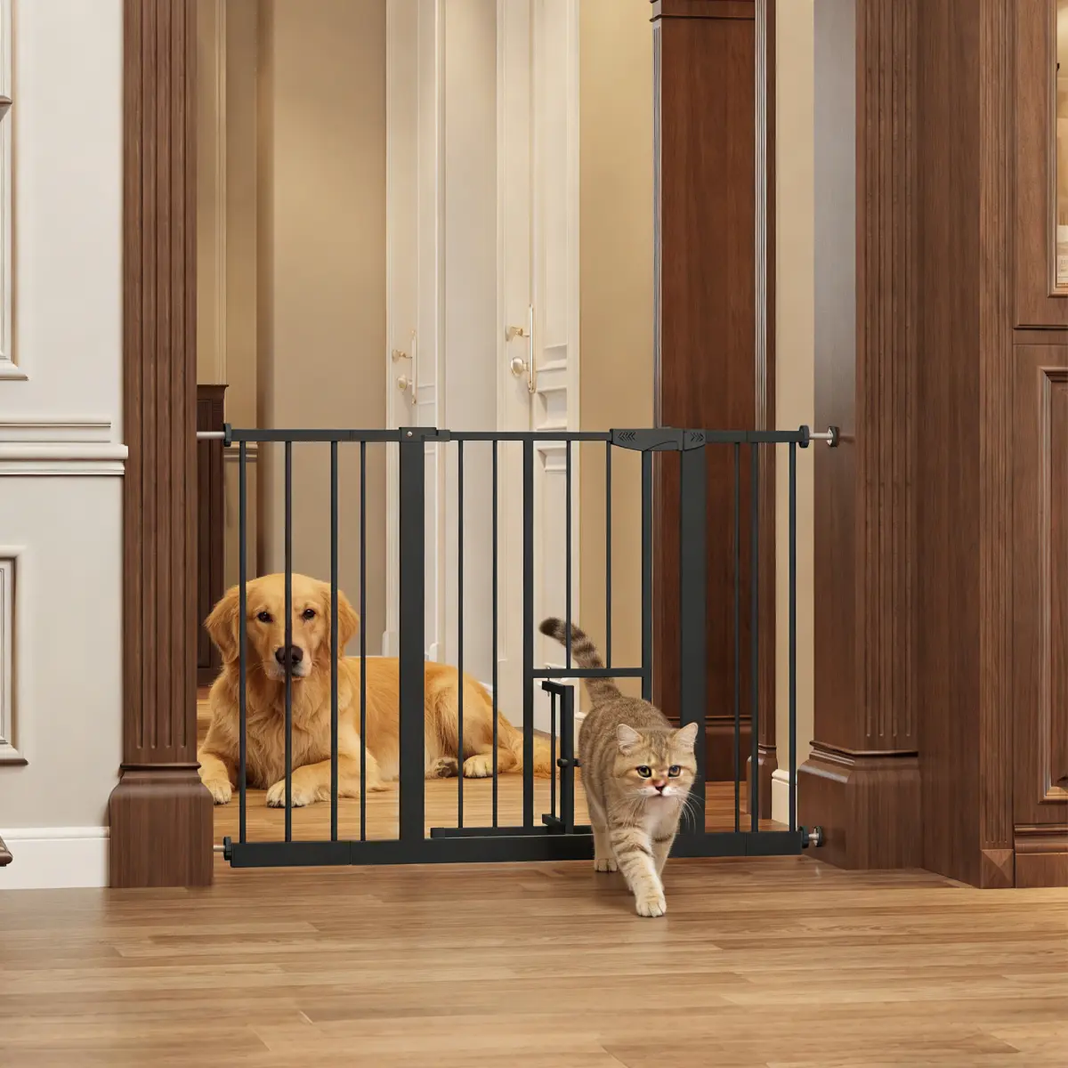 Metal Baby Gate with Cat Door, 30.3 x 29.5-44.1 in, Pressure Mounted for Stairs & Doorways, No Tools Needed, Black Indoor Recreation Equipment, 30.3 X 29.5-44.1 Inches, Abs+Steel, Double Lock, Adjustable, Stair Safety