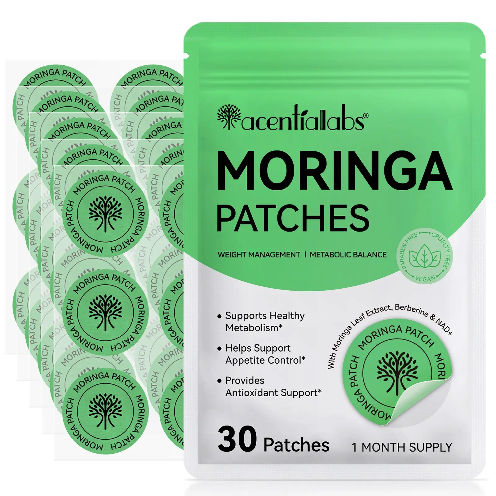 Acential Labs Moringa Patches, 30-pack. With 30 patches, this is a generous supply—one patch per day is just enough to complete a full 30-day treatment cycle. Ideal for long-term at-home care and suitable for daily use.