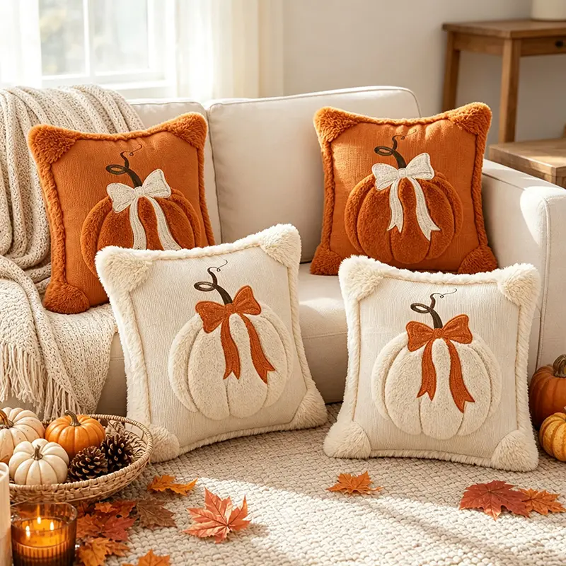 2-Pack 3D Jacquard Pumpkin Pillow Covers – 18x18 Inch Fall Throw Pillow Covers with Bow for Thanksgiving & Farmhouse Decor (Covers Only)