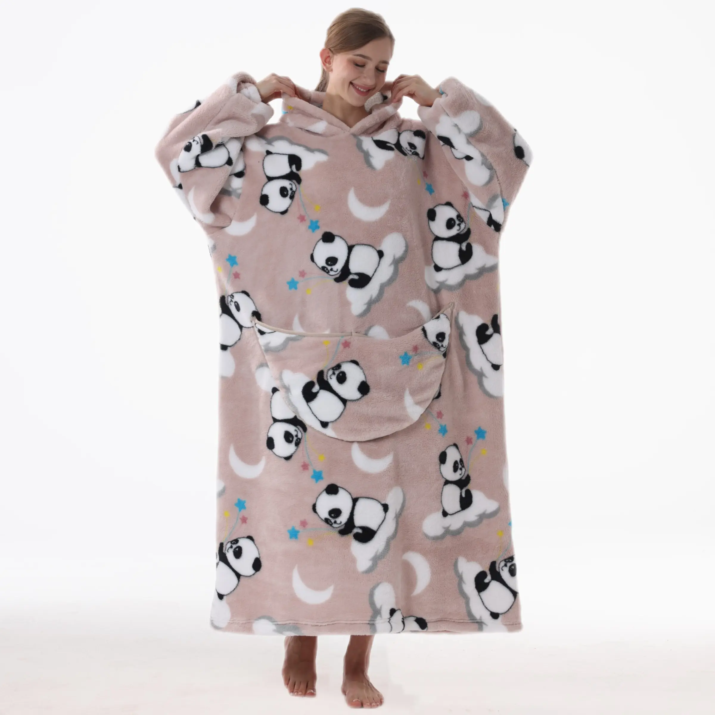 Panda Print Oversized Wearable Blanket Sweatshirt, Ultra Soft Flannel Cape, Unisex Comfort Home Robe, Fun Design, Thick Fuzzy Material