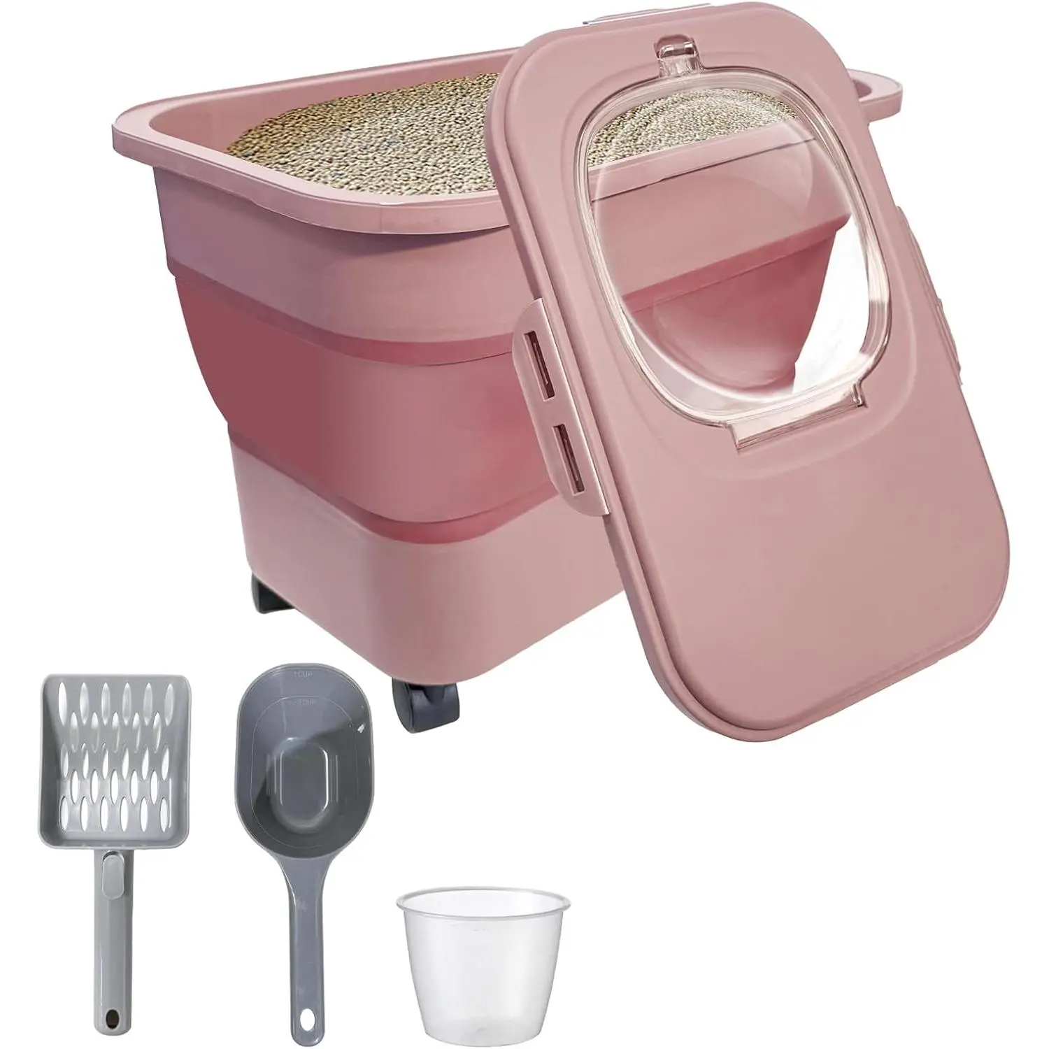Collapsible 20Lbs Cat Litter Storage Container with Rolling Casters Airtight Lids Cat Litter Shovel Portable BPA Free Storage Bin Pink