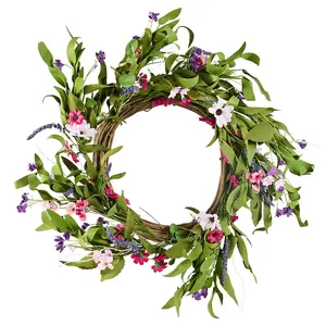 VEVOR Artificial Decorative Wreath, 22 in, Pink Green, Decorated with Daisies, Babysbreath, Buds, Year Round Wreath for All Seasons Indoor and Outdoor Home Wall Window Festival Wedding Decorations