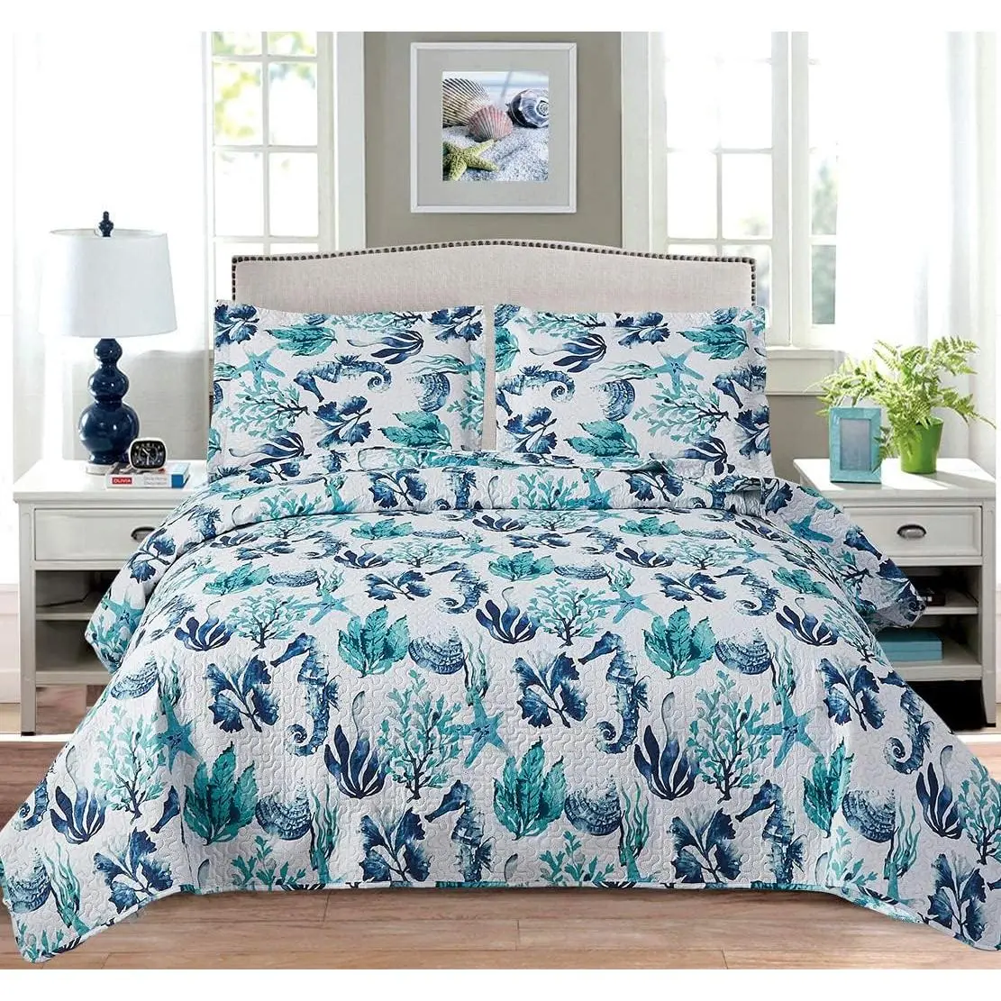 3 count Summer Coastal Quilts Full/ Size Conch Seashell Coverlet Set Lightweight Beach Bedspreads Reversible  Bedding with 2 Pillow Shams Teal Blue White