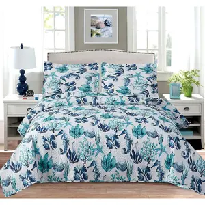 3 count Summer Coastal Quilts Full/ Size Conch Seashell Coverlet Set Lightweight Beach Bedspreads Reversible  Bedding with 2 Pillow Shams Teal Blue White