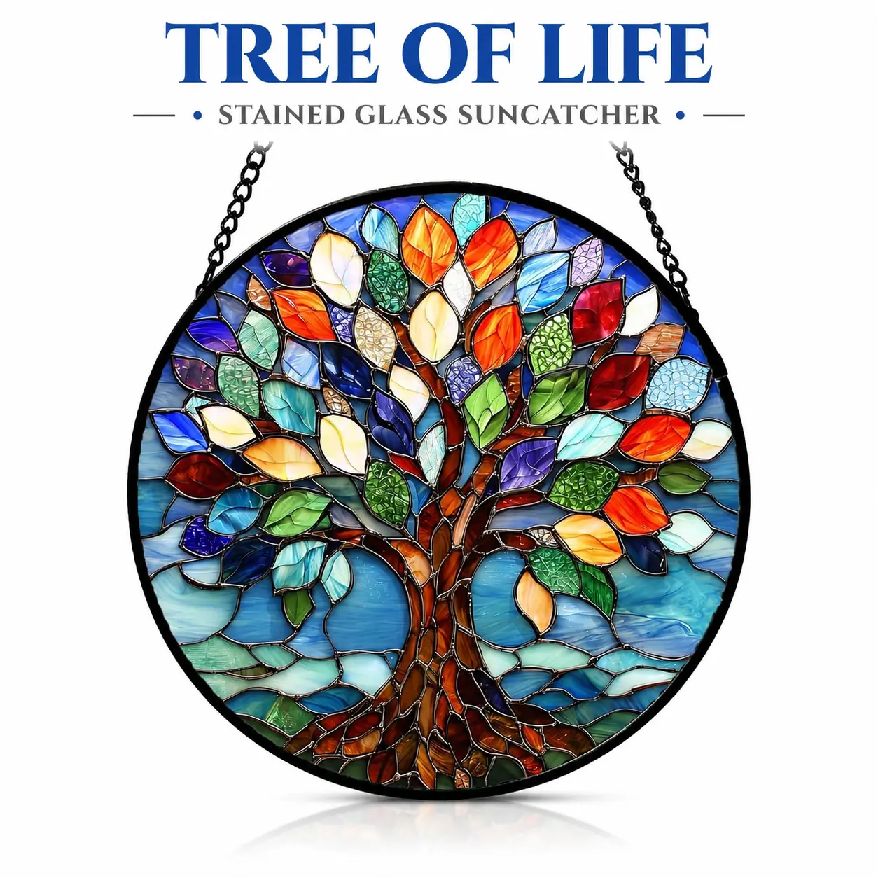 Tree of Life Stained Glass Suncatcher Window Hanging - Colorful Blue Glass Decor Panel, Luminous Boho Crystal Ornament, Pet Memorial Gift for Bedroom, Kitchen, Birthday, Wedding, Garden