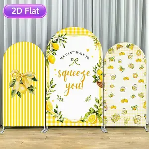 HS417 15-day 2D Flat Delivery Lemon "Can't Wait to Squeeze You" Arch Backdrop Cover, ElasticFabric, Yellow Gingham & Watercolor Lemon Print, Wrinkle-Resistant, Ideal for Summer Lemon Themed Baby Shower Party Photo Booth Decoration