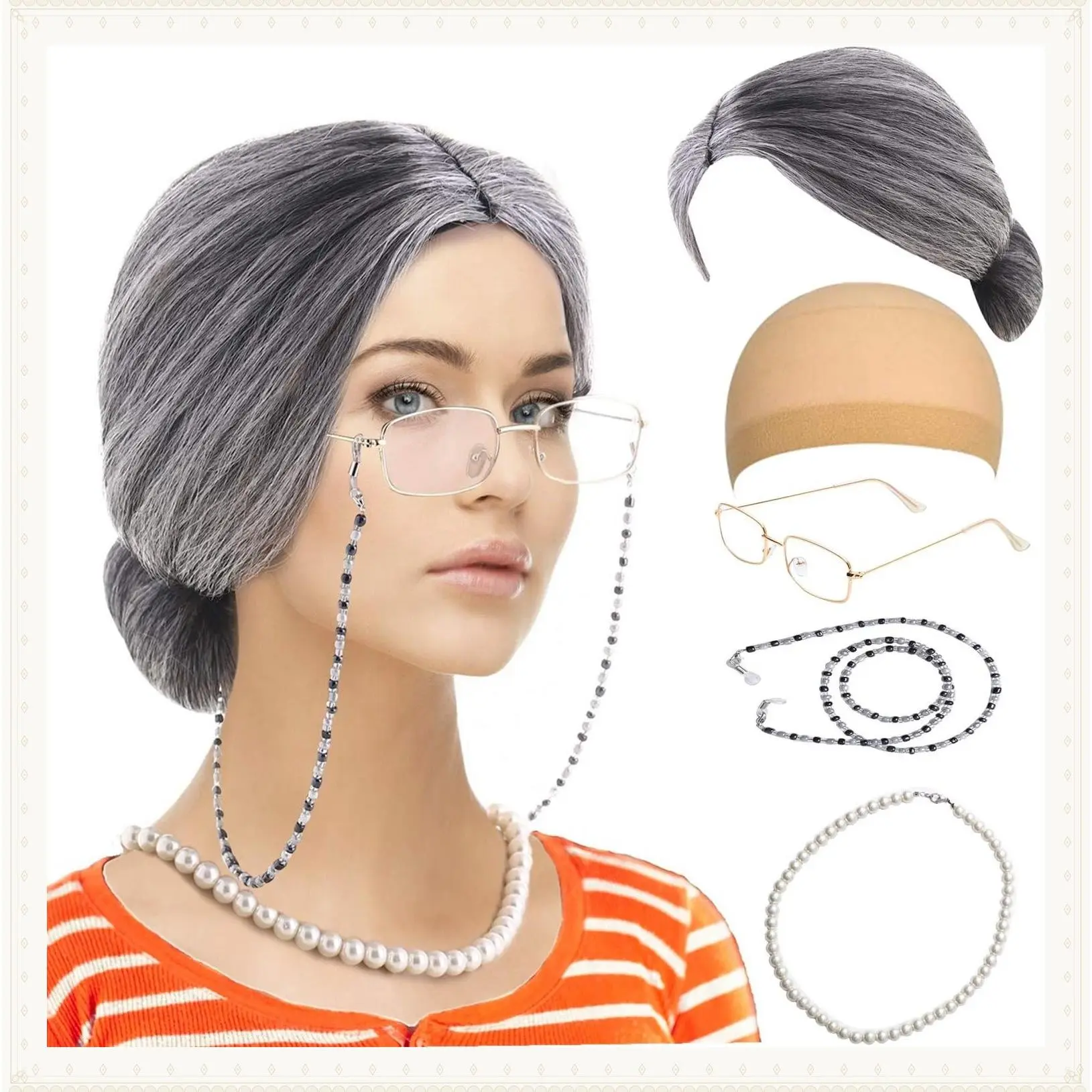 Old Lady Costume Set Grandma Madea Granny Wig Cosplay for Halloween | 100th Days of School Costume,5 Pieces-Grandmother Wig,Wig Caps, Madea Granny Glasses, Eyeglass Retainer Chain,Pearl NecklaceGift
