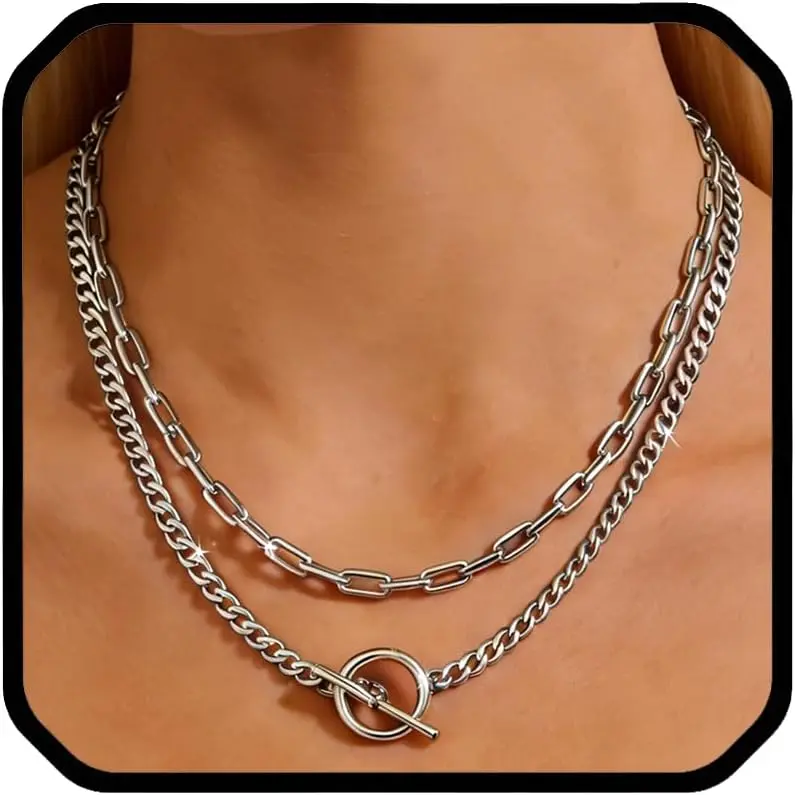 Chunky Layered Necklaces for Women Adjustable Trendy Paperclip with Cuban Link and Toggle Clasp   Set for Her
