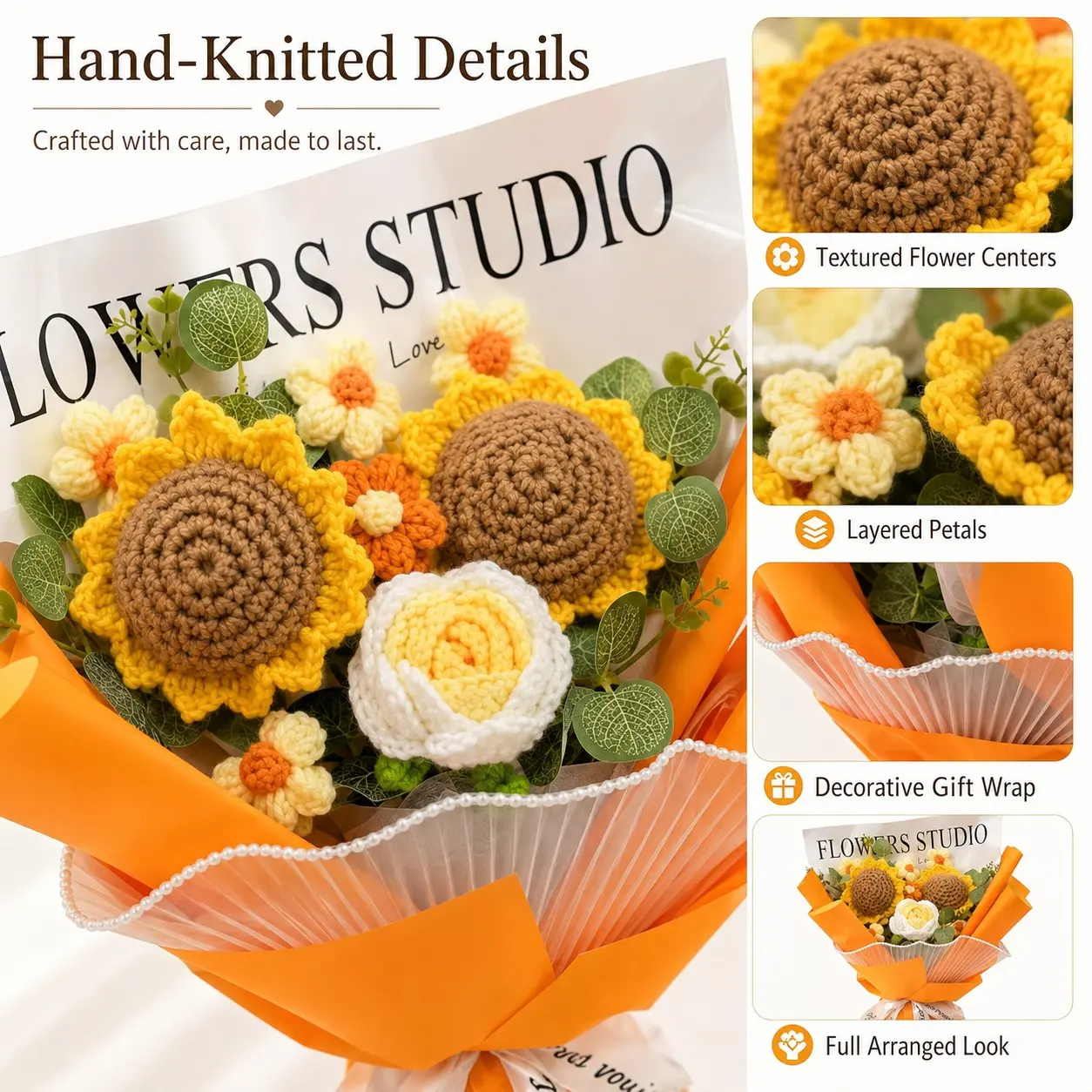 Hand Knitted Yarn Flower Bouquet with Sunflowers and Daisies Everlasting Floral Arrangement for vase home decor gift DIY craft birthday decoration Graduation Mother's Day Anniversary Wedding Teacher Appreciation Desk Shelf Display