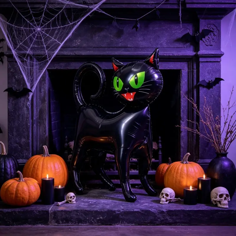3D Cat Halloween Balloon, Standing Cat Design, Glossy Aluminum Film, Fluorescent Eyes, Ears, Sharp Teeth, Home Decoration