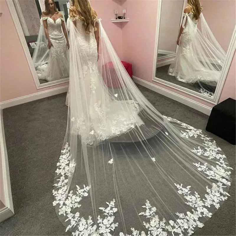 White Ivory Wedding Accessories Lace Appliques Bridal Shoulder Veil Cathedral Tulle Long Cape Cloak Shawl WED Cape Veil