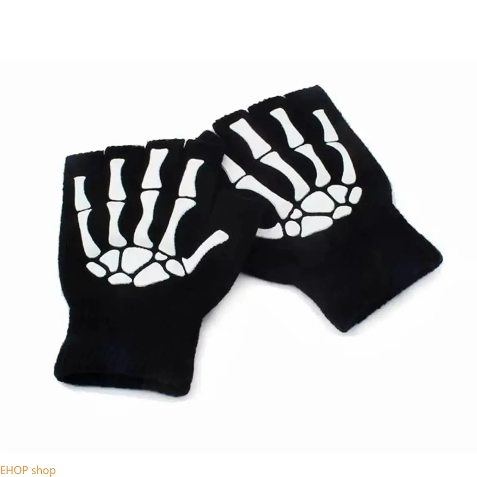 Glow In The Dark Skeleton Fingerless Knit Gloves Punk Half Finger Thermal Gloves Halloween Party Cold Winter Daily Fashion Accessory