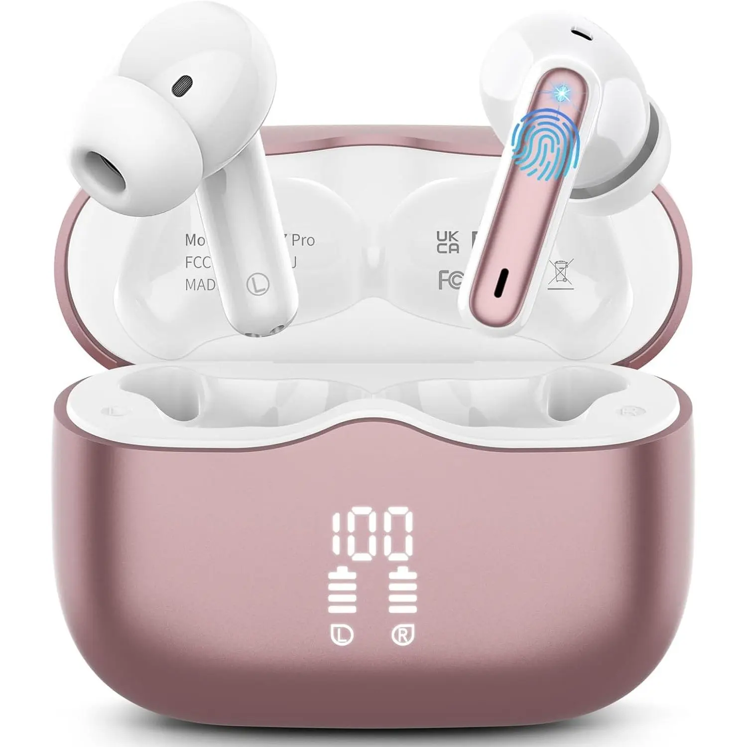 Wireless Earbuds, Bluetooth 5.4 In-Ear Headphones with 4 ENC Noise Cancelling Microphones, New Wireless Earphones with HiFi Stereo Deep Bass and 40H Playtime, In-Ear Bluetooth Earbuds with LED Display, IP7 Certification, USB-C Charging, Rose Gold Color Op