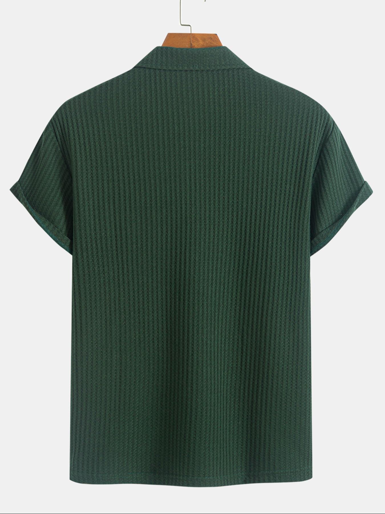 Men's Solid Ribbed Short Sleeve Knitted Polo Shirt, Solid Zipper Polo, Regular Fit Casual Breathable Comfy Top for Summer, Men's Clothes for Daily Wear