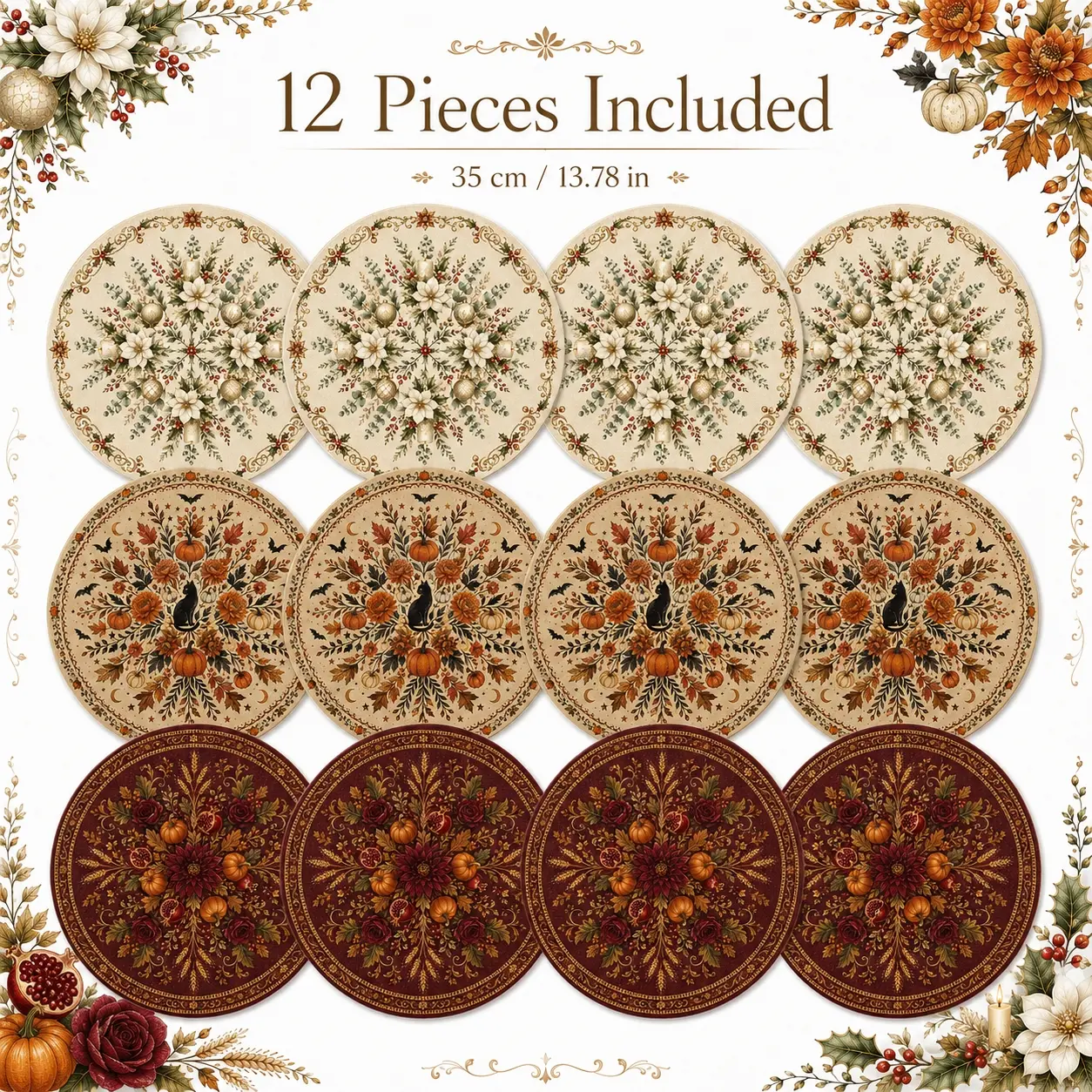 12 Piece Round Placemat Set, 35cm (13.78in), Farmhouse Fall Halloween & Christmas Table Mats, Pumpkin Floral Ghost Cat Designs, Vintage Boho Washable Non-Slip Dining Placemats for Kitchen Table Decor