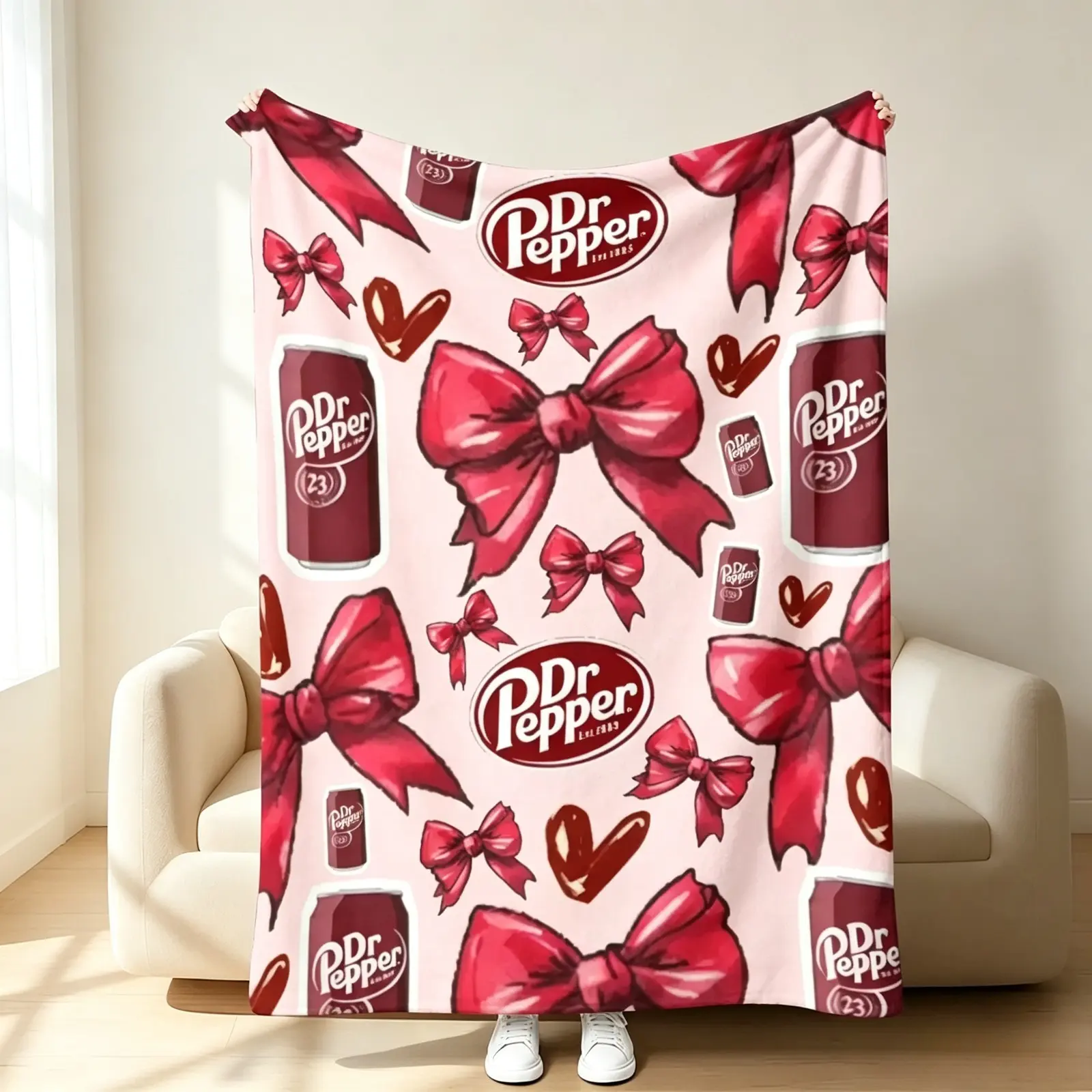 Countdown Sale Retro Soda Style Flannel Blanket Soft Warm Throw Blanket Red Bow Hearts Pattern Kids And Adults AC Blanket Sofa Bed All Seasons Cozy Blanket Gift Christmas Halloween Home Decor Viral