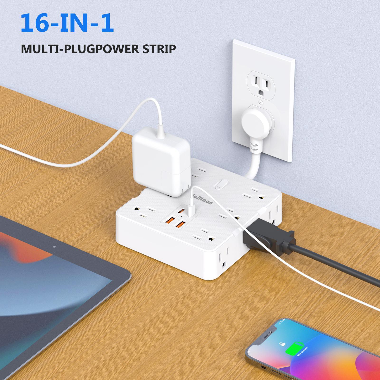 16-in-1 Power Strip with Switch & Surge Protective Socket, multi plug outlet, Multifunctional Power Strip with 12 AC Outlets & 2 USB & 2 Type-C for Office, Home and Travel