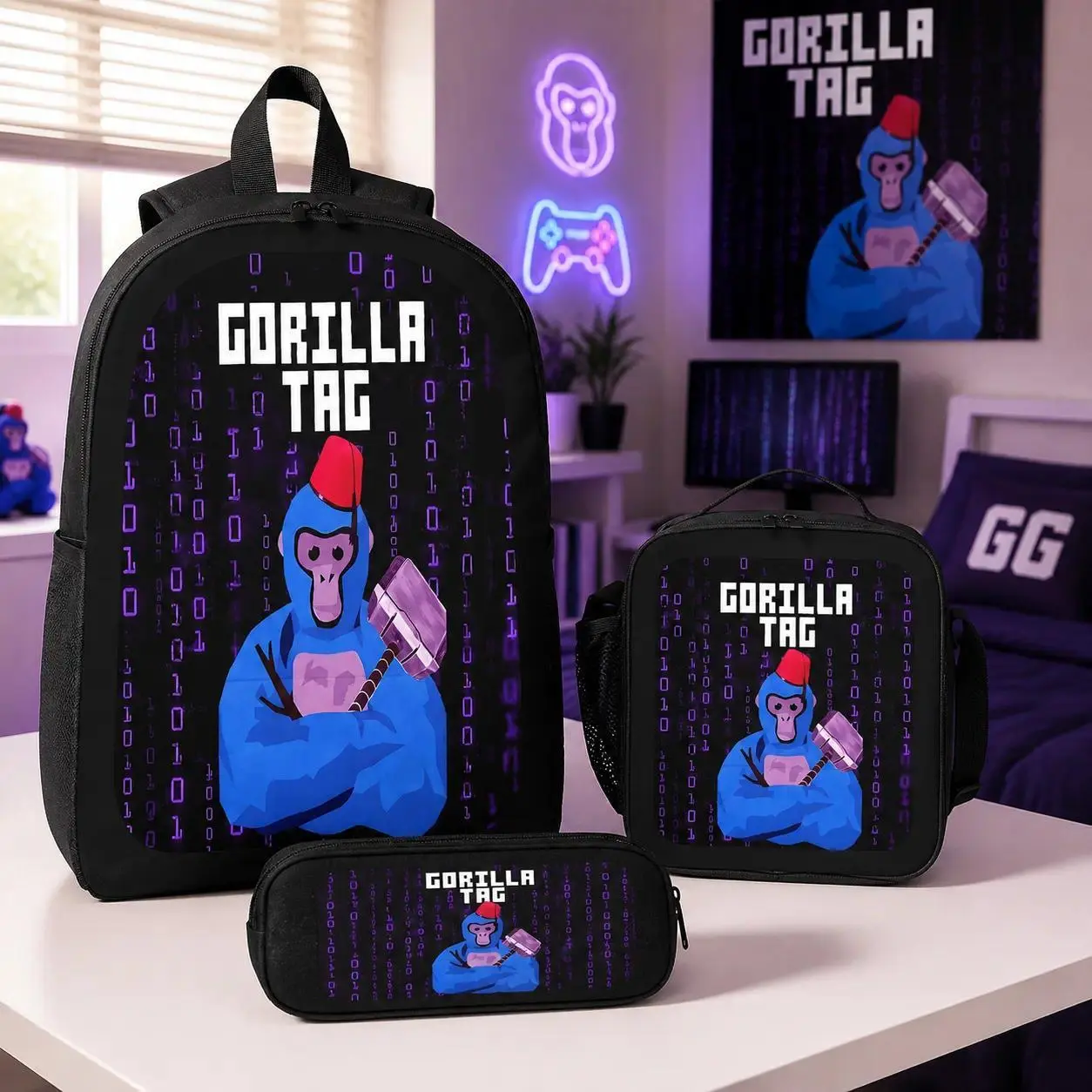 Gorilla Tag Monkey Cartoon Backpack Set 3PCS School Backpack Lunch Bag Pencil Case Gaming Style Bookbag Lightweight Daypack for Boys Girls Teens Gaming Fans Back to School Gift Travel Casual Backpack Set Trendy Design Kids School Supplies
