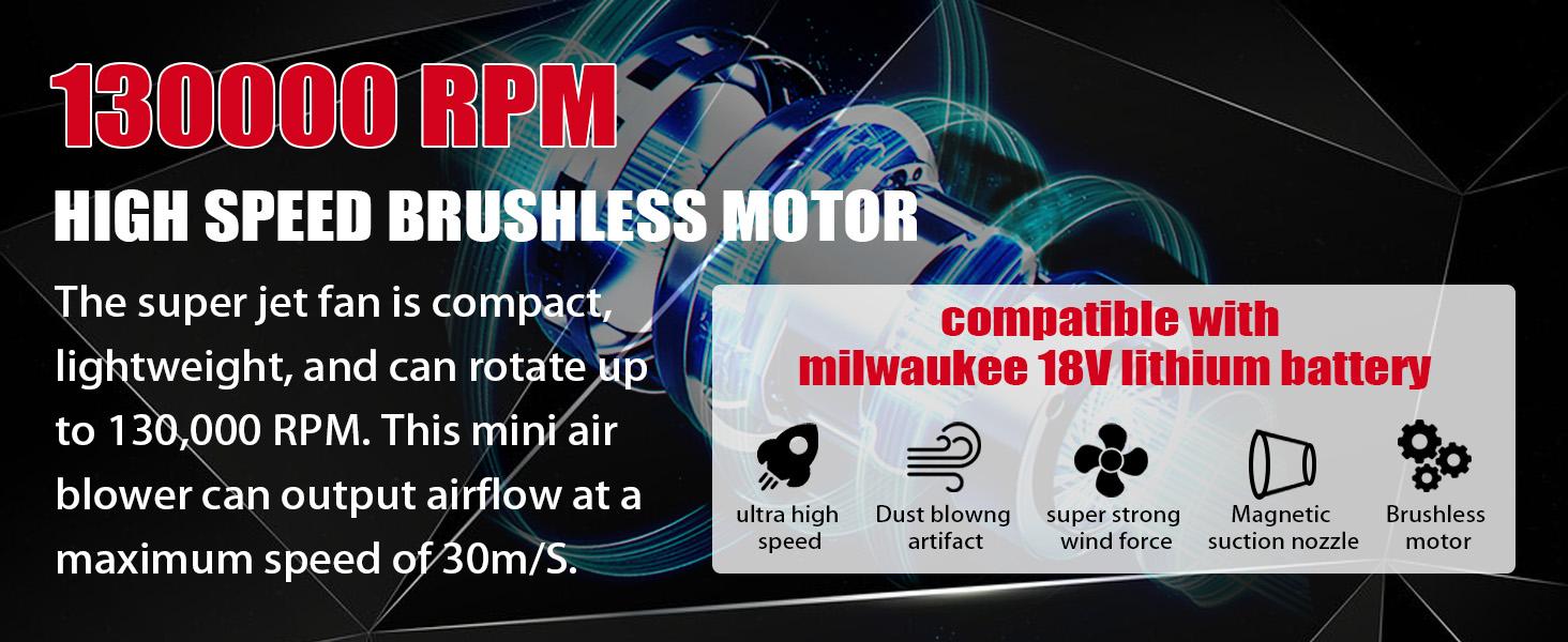 2026 Mini Blower Compatible with Milwaukee M18 18V Battery,Jet Fan 130000 RPM Wind Speed 4-Speed Control, Compressed Air Duster, Cordless Handheld Air Blower for Computer Keyboard,Outdoors,Car,Home