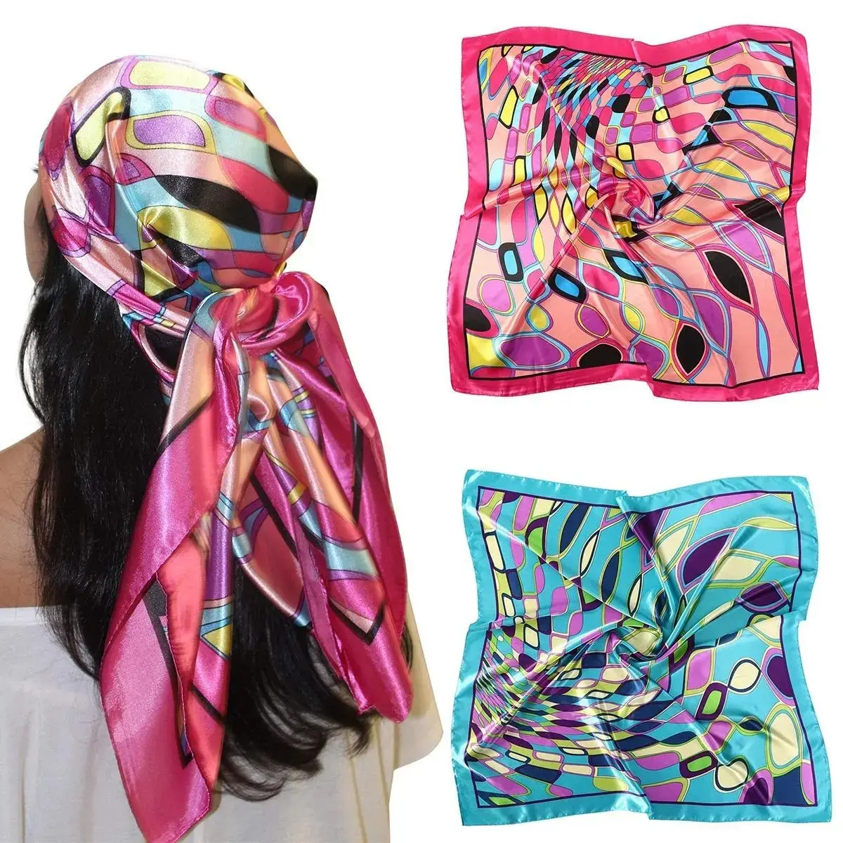2Pcs Large Satin Head Scarf for Women, 35" Silk-Like Square Hair Scarf Bandanas, Soft Lightweight Hair Wrap for Sleeping, Curly Hair Protection, Boho Headband for Travel, Beach, Vacation, Daily Styling