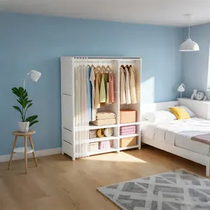 Double Rod Freestanding Wardrobe with Translucent Dust Sheer Curtain, Multi-tier Storage Shelves, Woven Baskets & Fabric Drawers, Large Capacity Bedroom Clothes Organizer for Small Apartment Dorm Rental