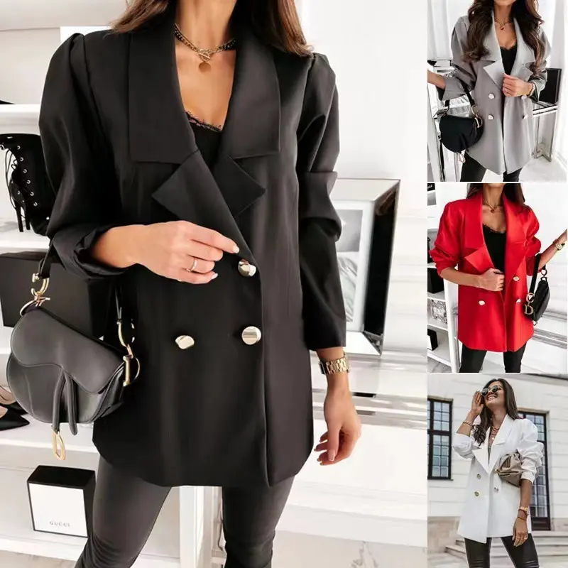 Double Breasted Blazer Fashion Casual Lapel Jacket Commuting Office Suit Jacket For Women Button Tops Long Sleeve Womenswear Fabric Grey Loose Polyester Outerwear Basic Black